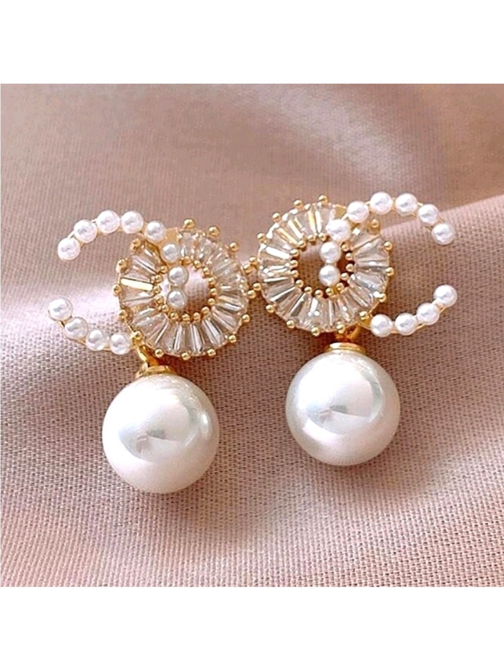 Gold Pearl Circle Drop Earrings with Crystal Accents